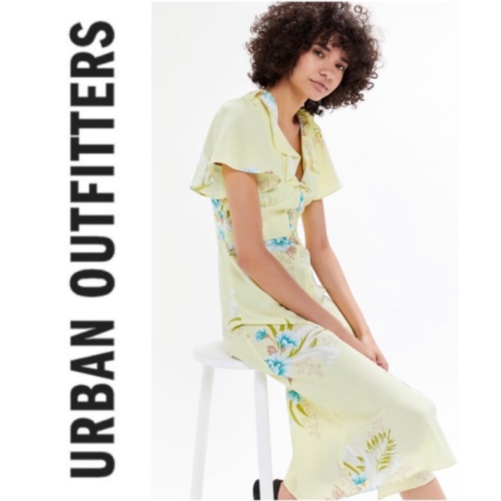 UO YELLOW & BLUE FLORAL BUTTONUP RUFFLE MIDI DRESS
